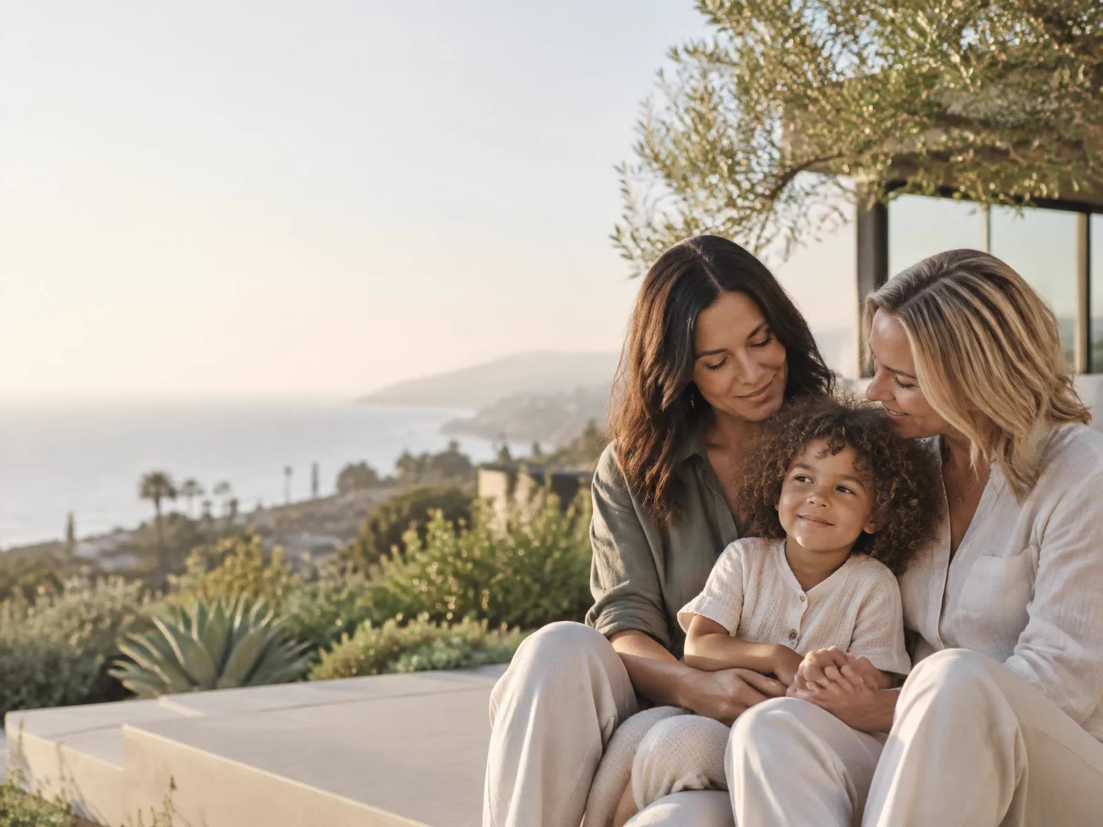 Two mothers sharing a quiet moment with their child in coastal Southern California